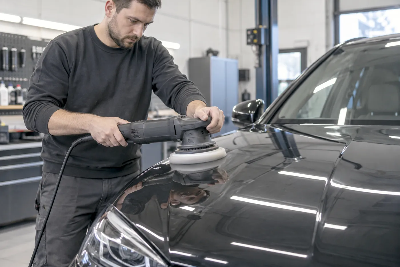 Poliermaschine auf der glänzenden Motorhaube eines dunklen Fahrzeugs
