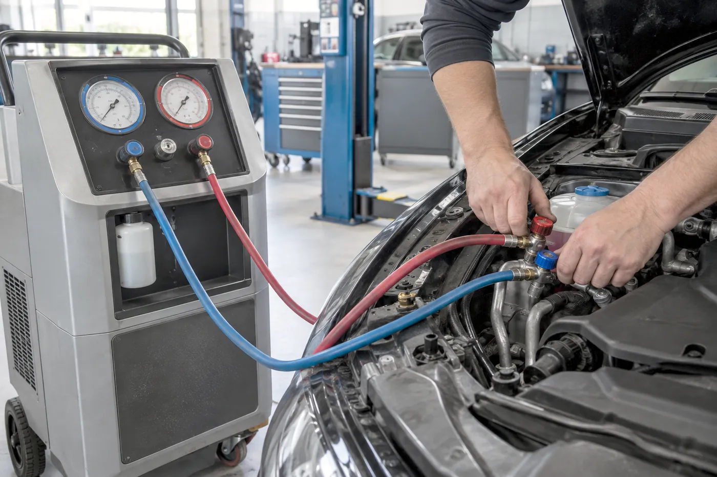 Klimaservicegerät mit Manometern ist an den Klimaleitungen im Motorraum angeschlossen