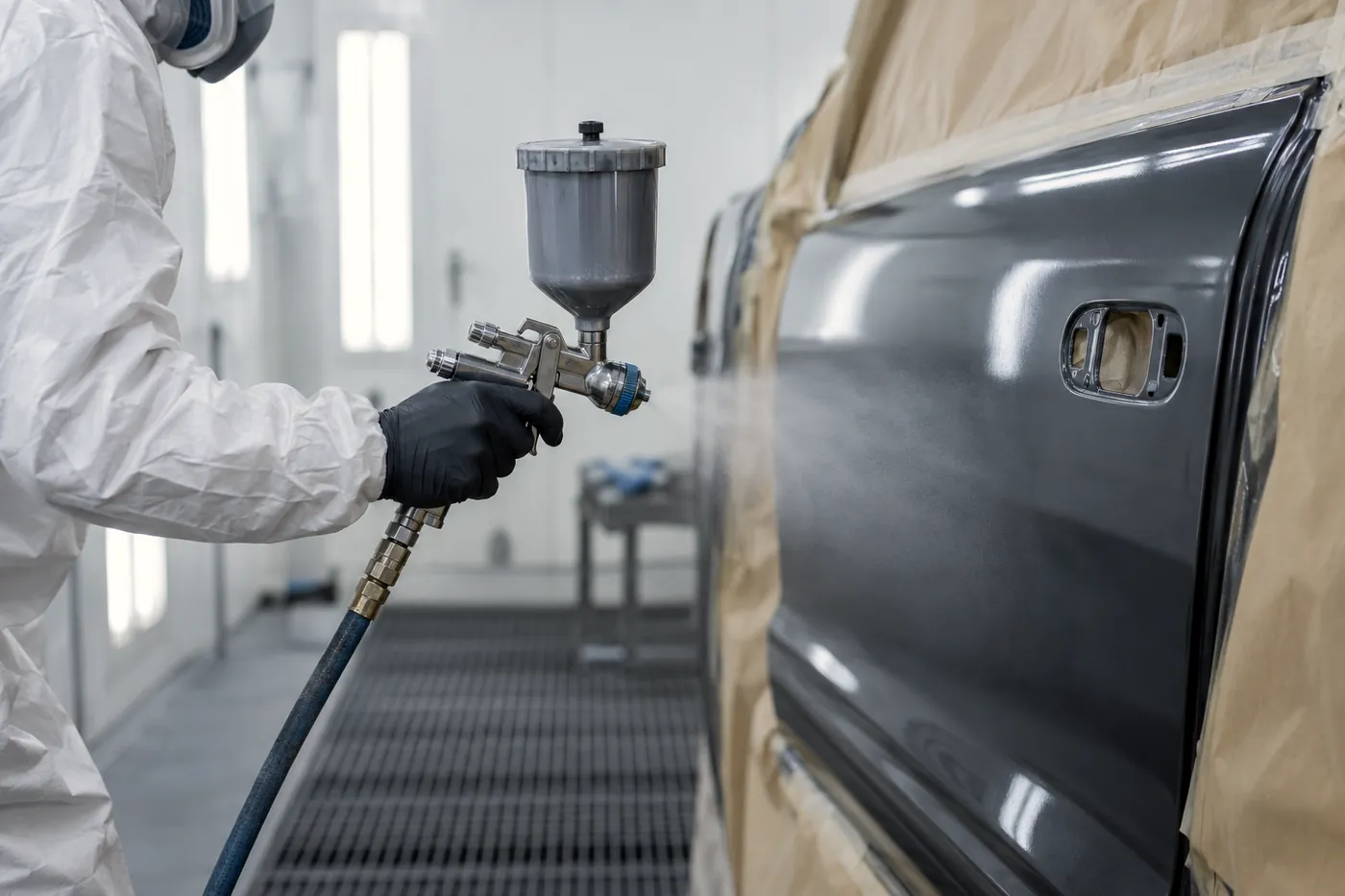 Lackierpistole lackiert eine Fahrzeugtür in einer Lackierkabine