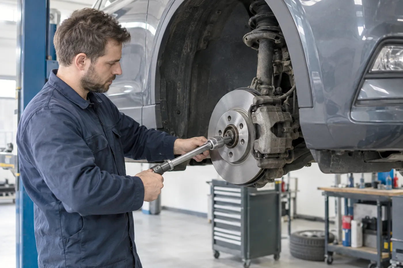 Mechaniker arbeitet mit dem Drehmomentschlüssel an der Bremse eines angehobenen Fahrzeugs