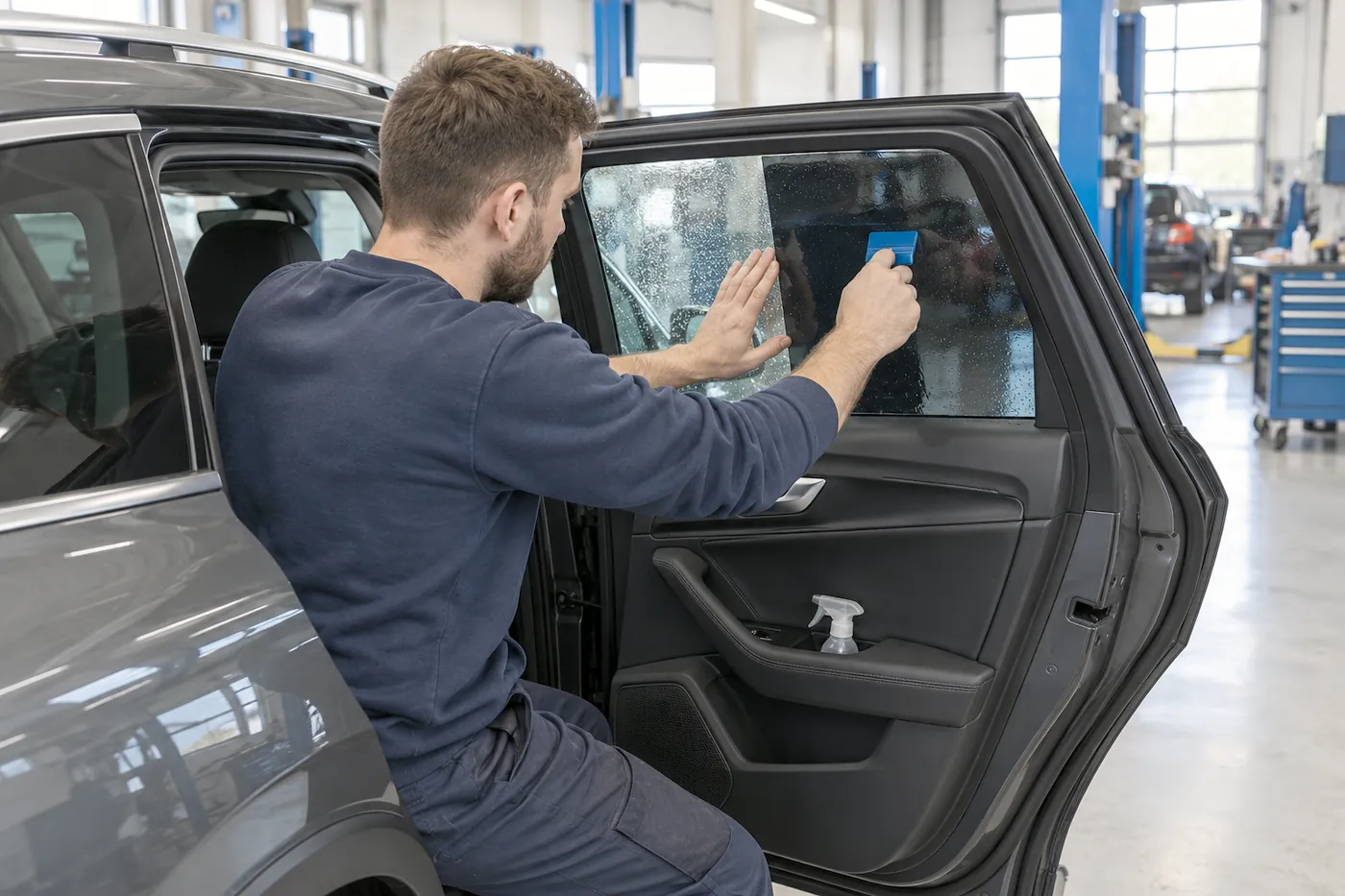 Mechaniker streicht Tönungsfolie mit einem Rakel an der hinteren Seitenscheibe eines Autos glatt