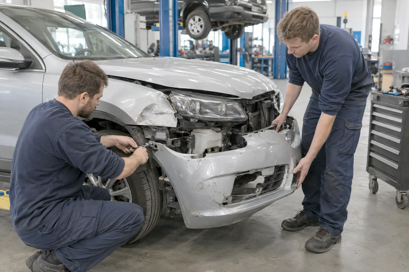 Zwei Mechaniker demontieren die beschädigte Frontstoßstange eines Fahrzeugs